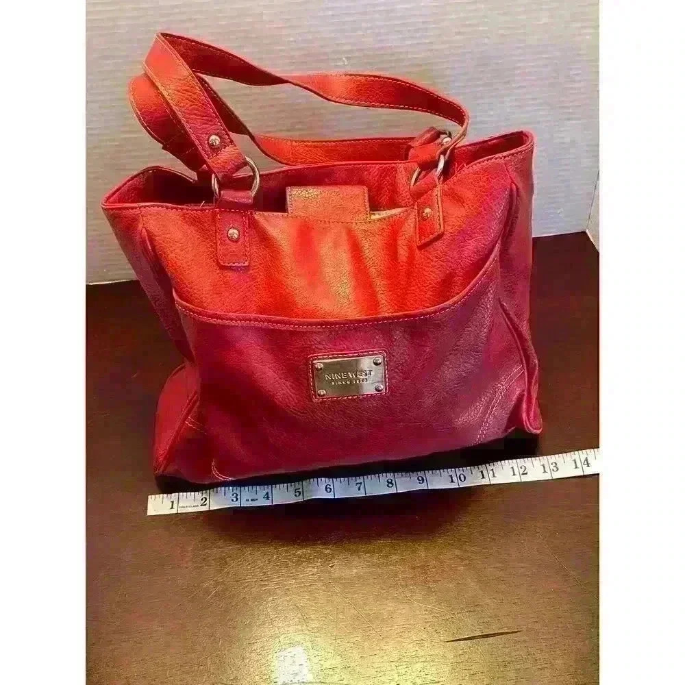 Nine West Red Tote Faux Leather Contrast Stitching Metal Studs